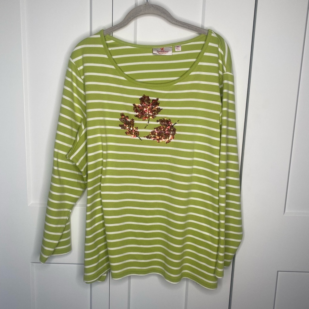 Quacker Factory Stripe Sequin Leaves Fall Long Sleeve Shirt Plus 2X
